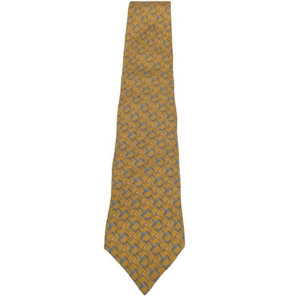 Brooks Brothers Makers Tie Mustard Gold Blue Pure Silk USA Made Chain Bit Print - Picture 3 of 7